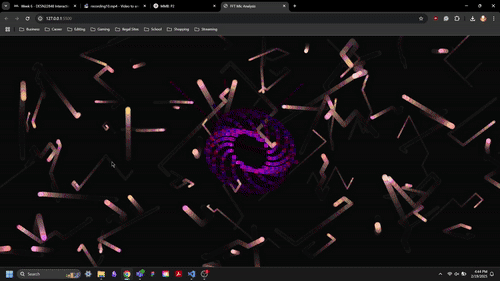 Upon start, firework like colours appear and travel randomly and upon user clicking a group of fireworks appear when they clicked. When clicking the middle of the screen it shoots fireworks out according to their colours.