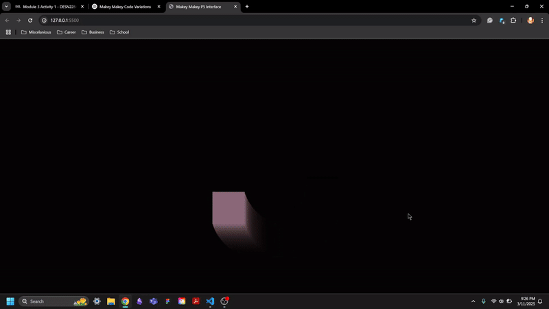 Pressing space bar increases the speed of the square going in a circular motion, shifting colour RGB values and clicking resets the poistion.