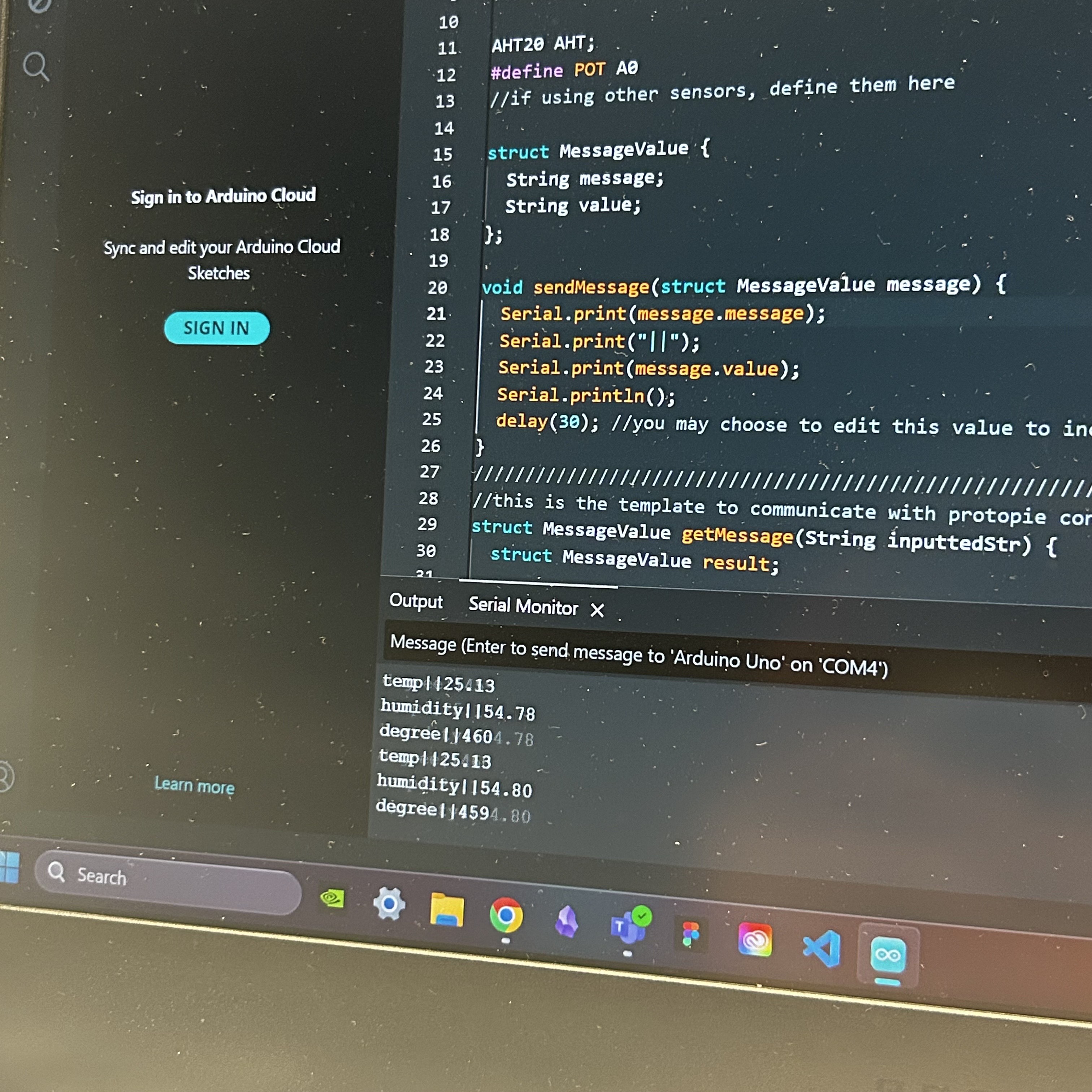 Here is a photo capturing my process where I test the numerical outputs of the arduino that tracks the real room tempature.