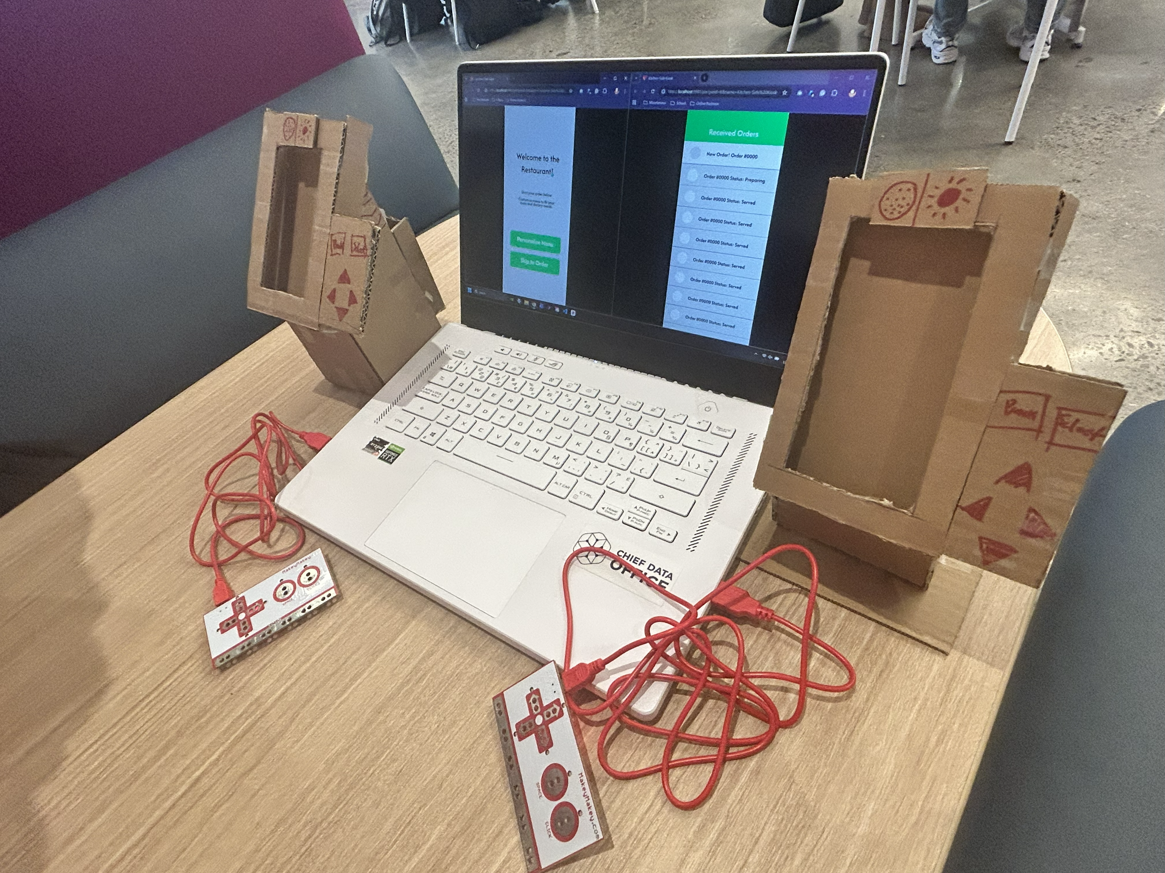 Here is what the final iteration of the cardboard prototype looks like. By connecting the Makey Makey's to the laptop it provides a visual mockup of what the final design could look like. The interactions from the Makey Makey to the ProtoPie are successful in testing.
