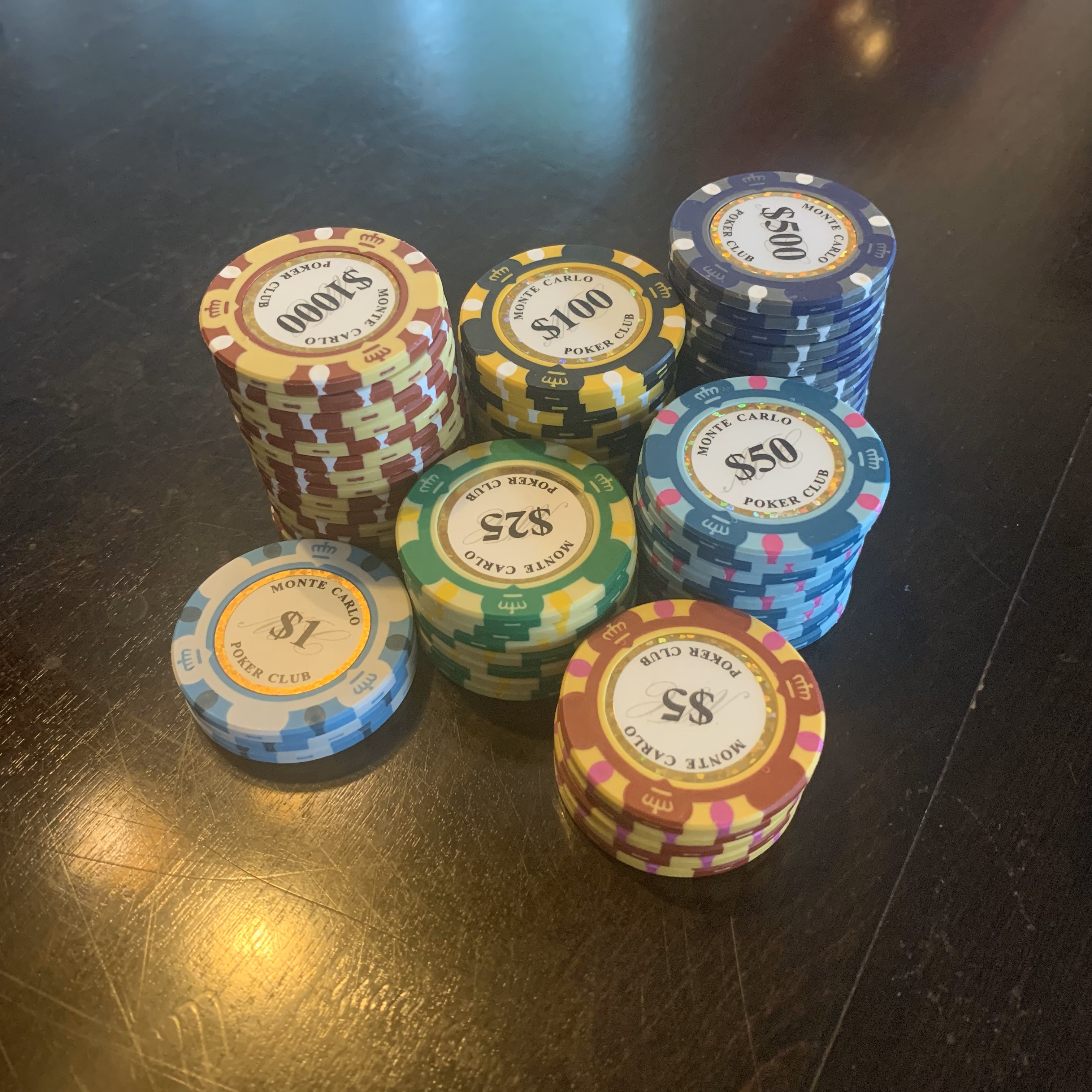 Image of stacks of various value chips from poker.