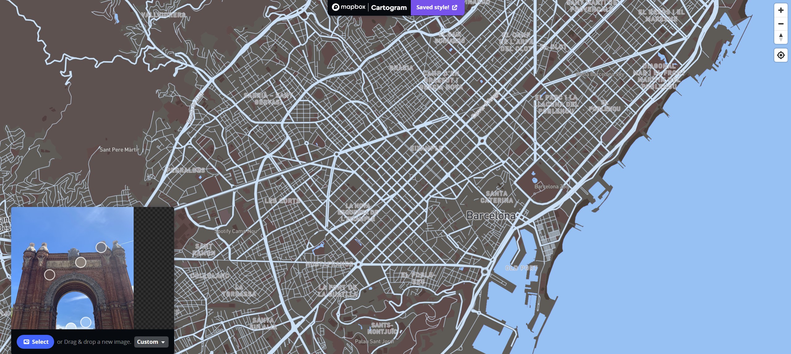 I used the image of the barcelona Arche structure for my first colour palette which gives the map a better view of where the roads go and the different grass areas are more prominant. the light blue colour gives the water on the map a good contrast to the land and roads colours.