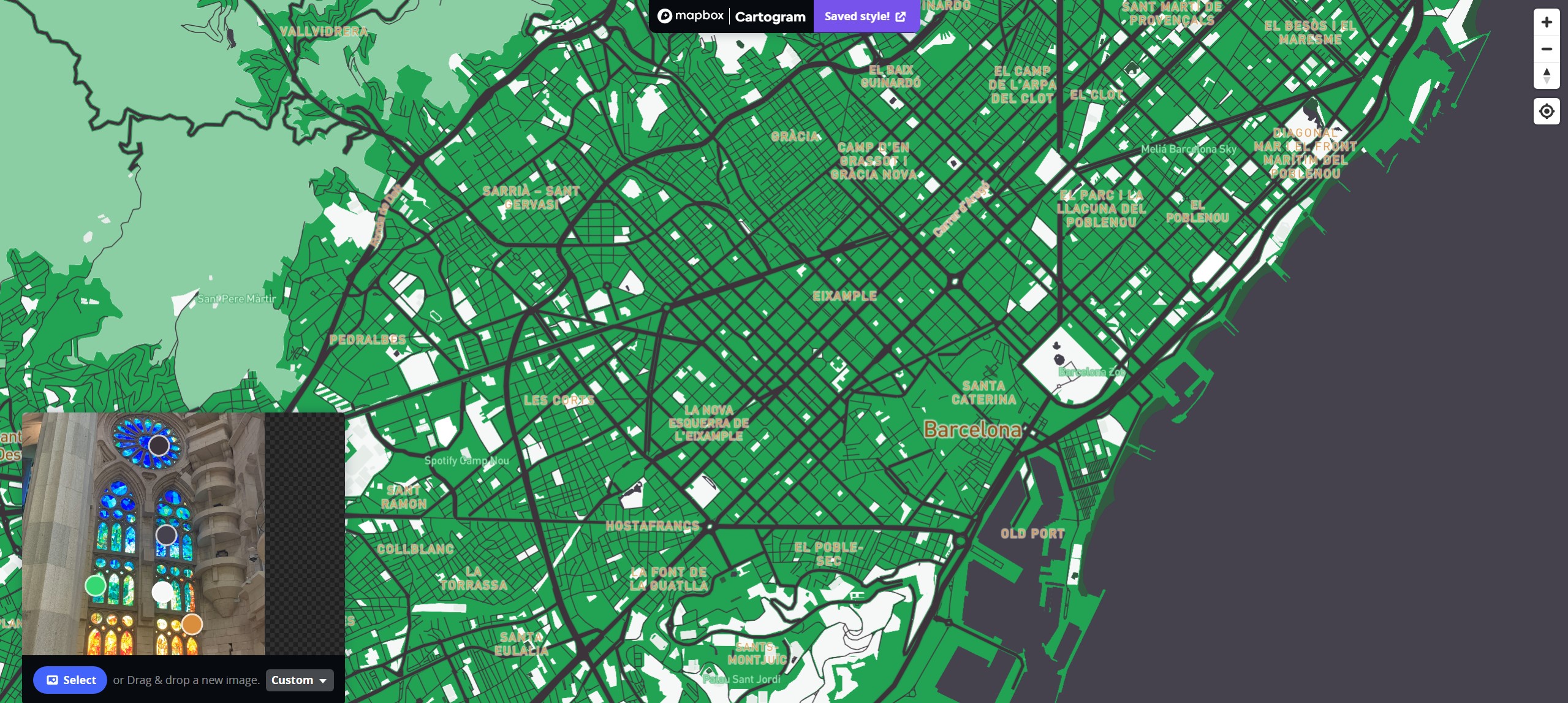 The fourth image used is the mosaic glass in the building and the colours make the grass land a mint like colour so it stands out the most and the white park grass areas make it look like snow. The dark gray purple ish water is a good compliment to the composition.