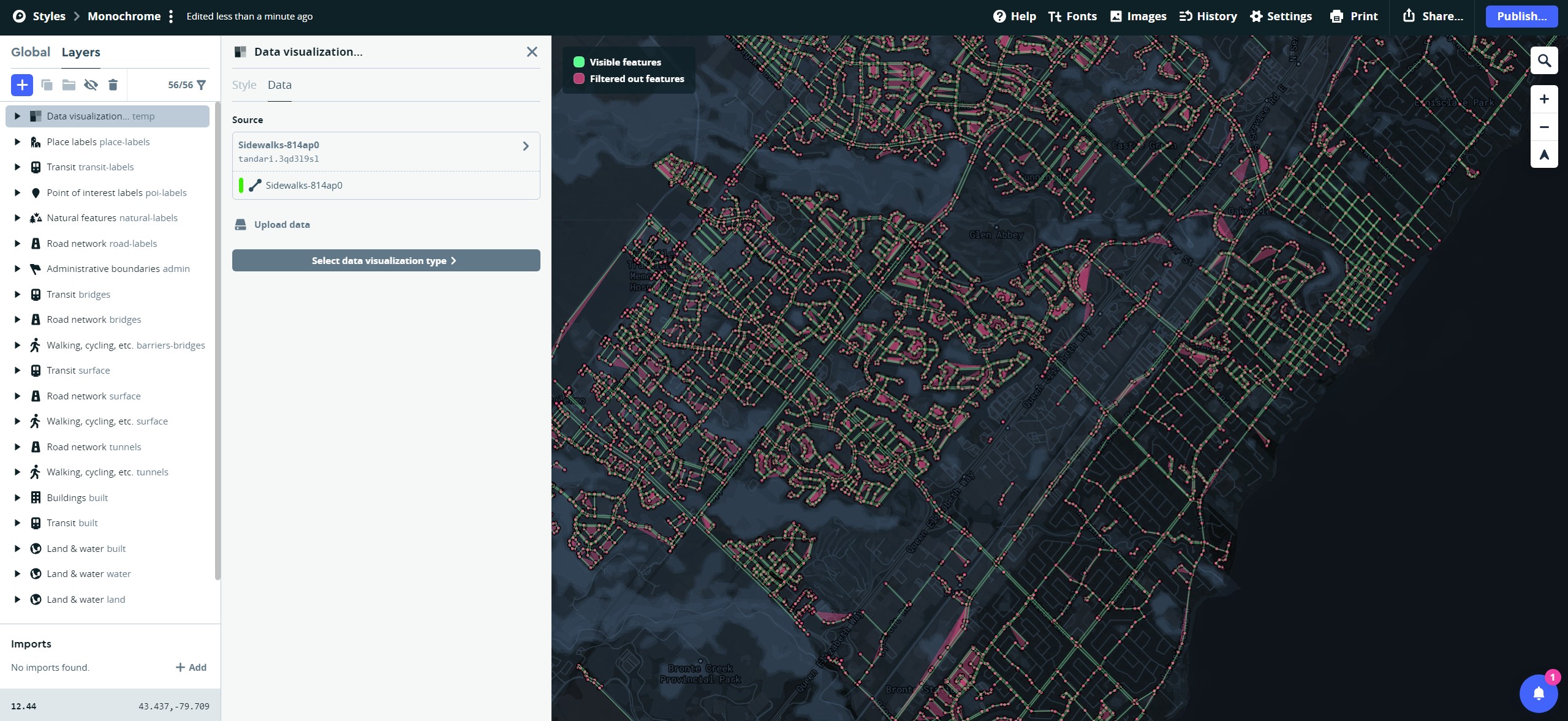 Showcases the various pathways of the sidewalks of the city of Oakville.