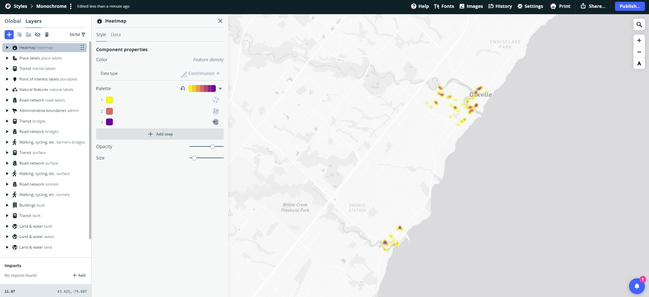 Showcasing gradual heatmapping area of certain parts of the city.