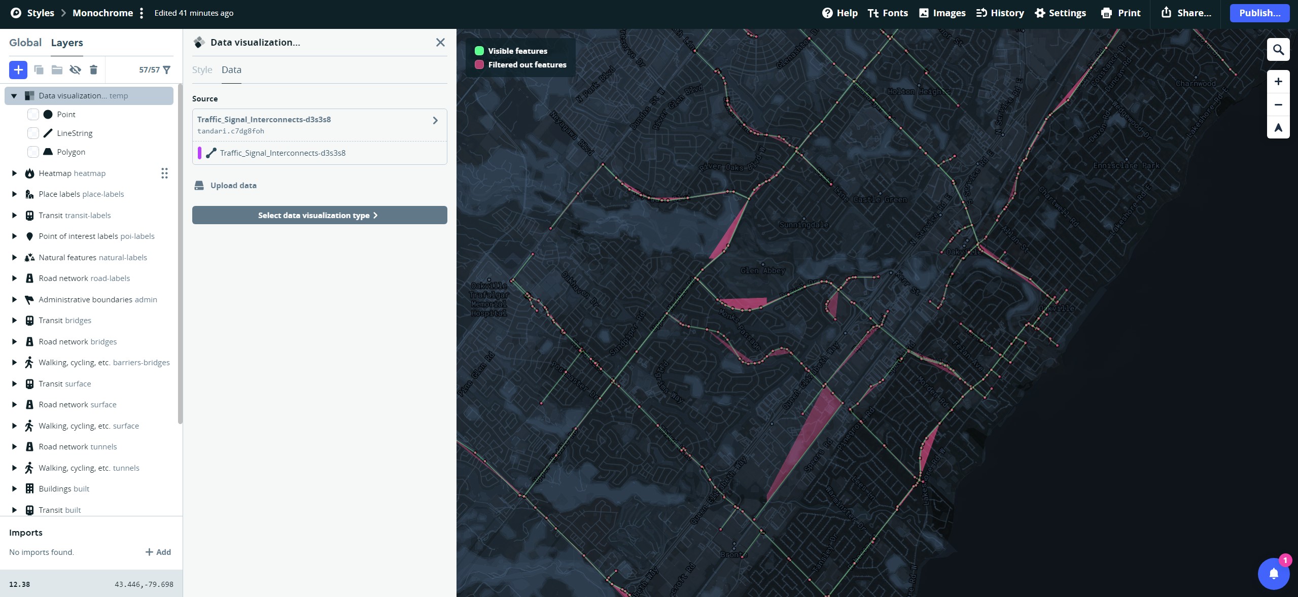 Shows how much of the road in oakville has traffic signal interconnections.