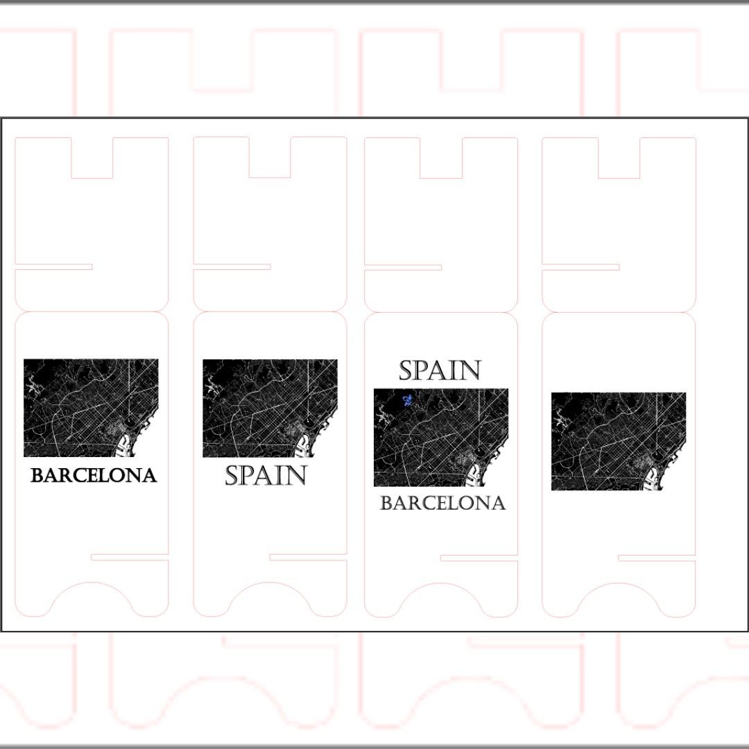 Showcasing the different variations of the black and white image that is Barcelona and could be laser cut via the template.