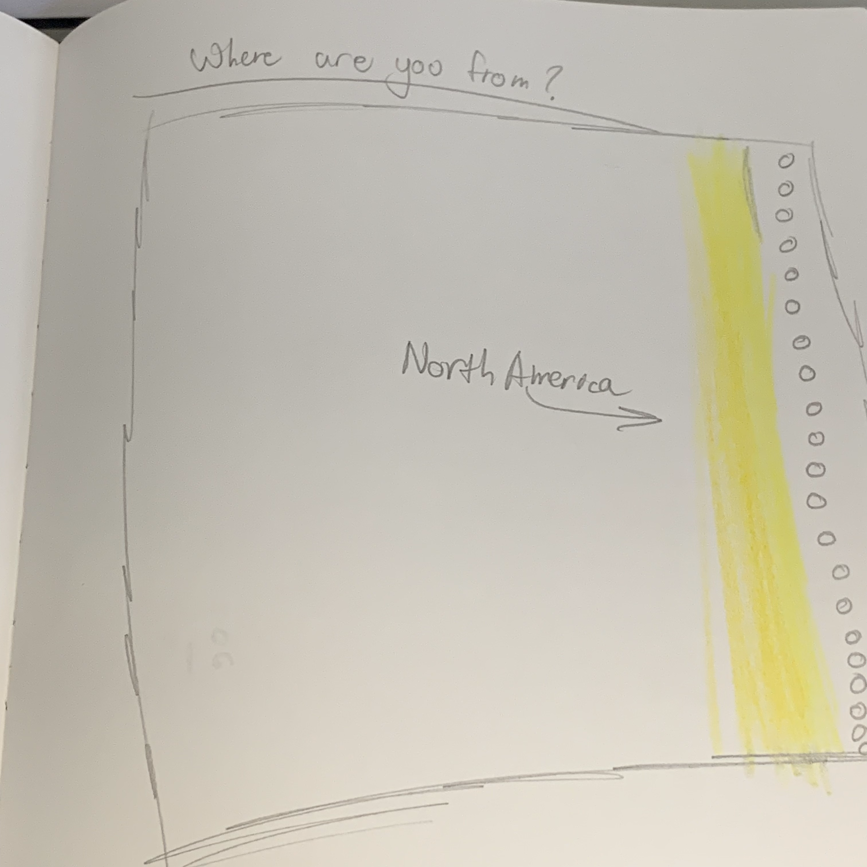 A yellow sketches strip going up and down representing North America.